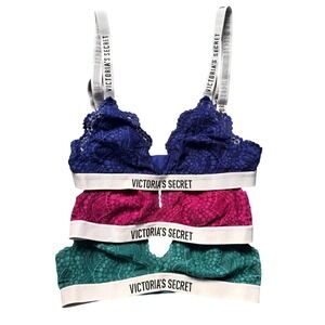 Victoria's Secret Lace Bralette Bundle 3 Pack Blue Pink Green Logo Straps Womens